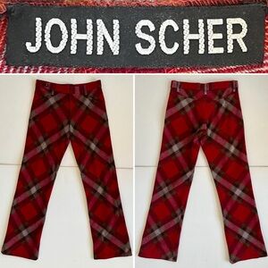 John Scher Pants, US Men Small , 34 Inseam, Bias Cut Wool, Red Plaid